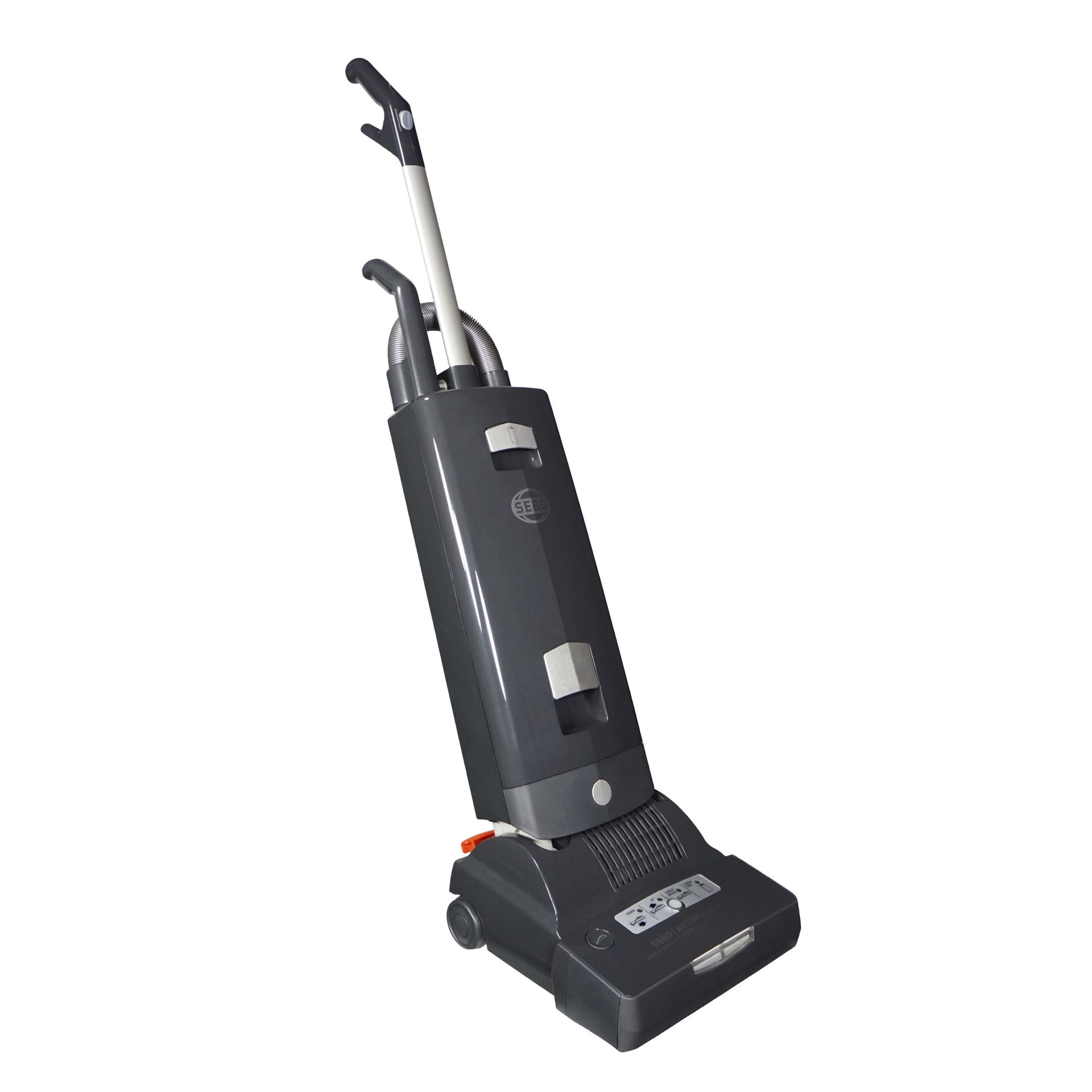 Dark gray upright vacuum cleaner on a white background.