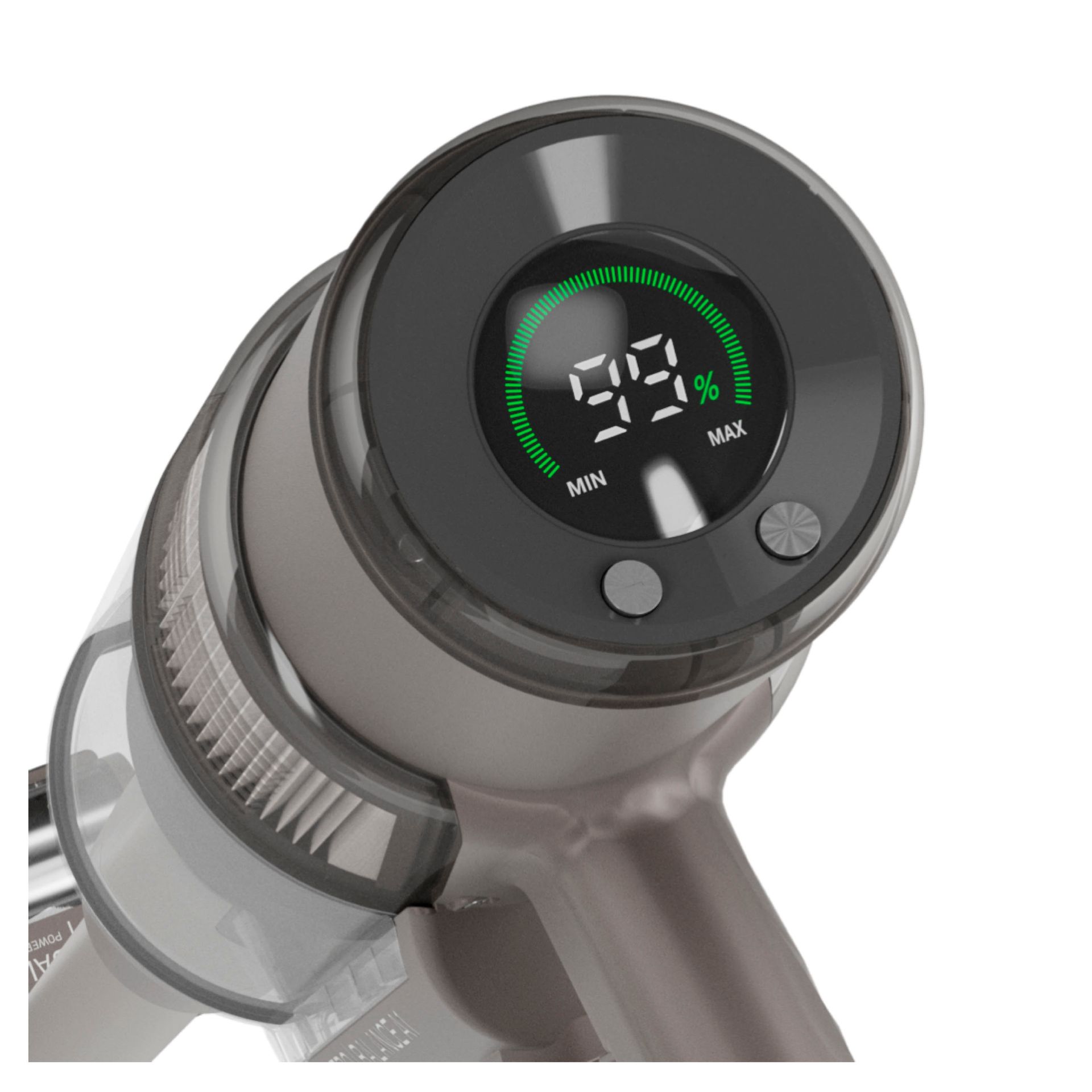 Vacuum cleaner with a digital display showing 99% battery life.