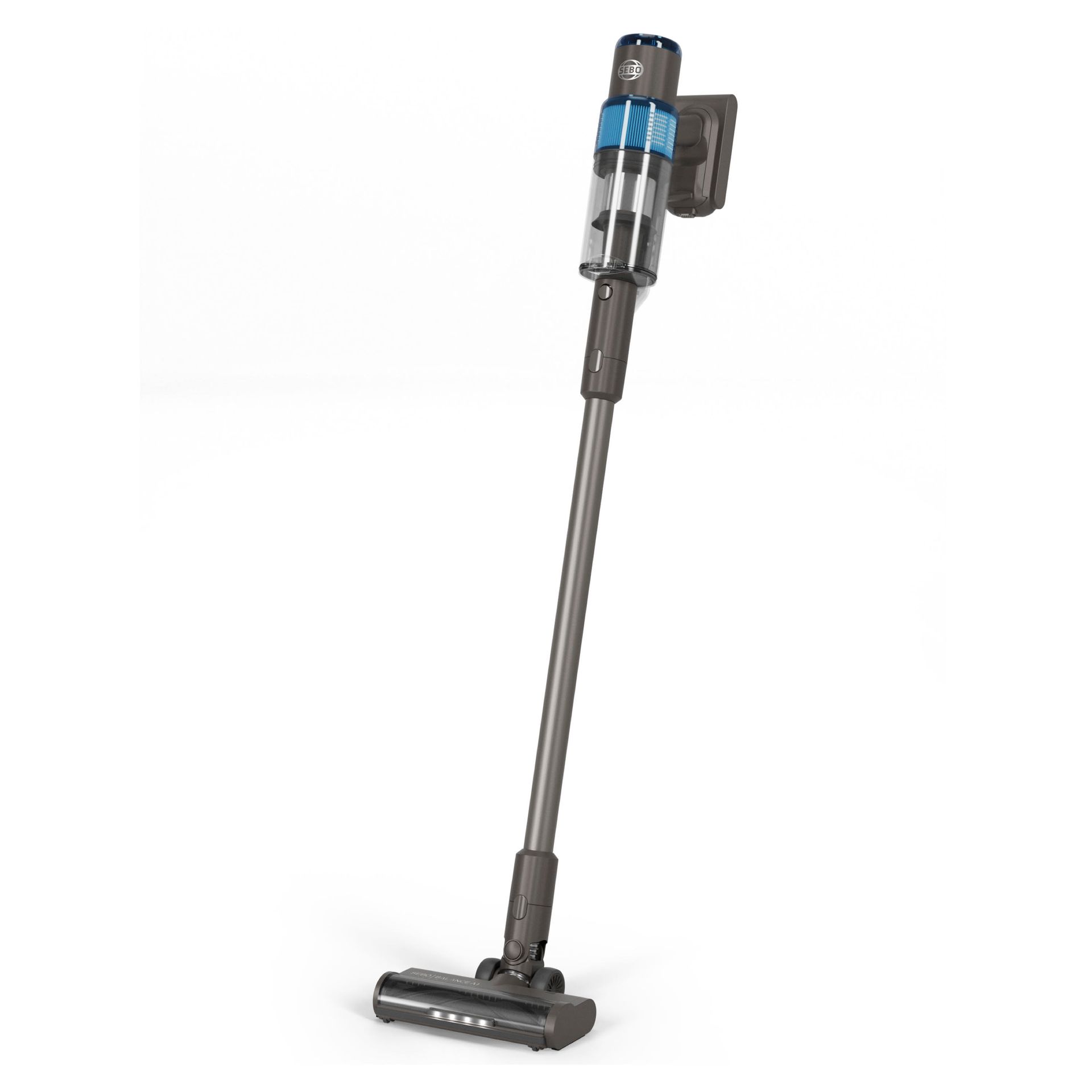 Cordless, stick vacuum cleaner with grey body, blue accents, and a floor brush.