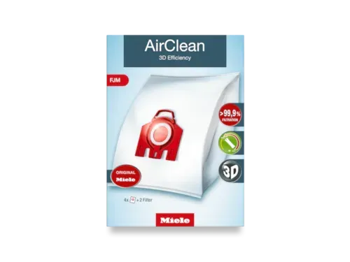 Miele vacuum cleaner bag package, white, with red logo and text, blue background.