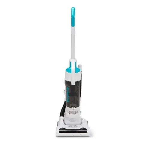 Upright vacuum cleaner, white and turquoise, on white background.
