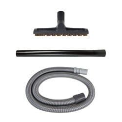 Vacuum cleaner attachments, including a brush, wand, and hose.