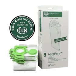 SEBO AeraPure vacuum filter bags and box with green branding.