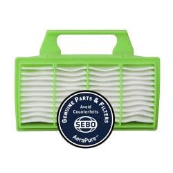 Green SEBO AeraPure vacuum filter with a white pleated filter.