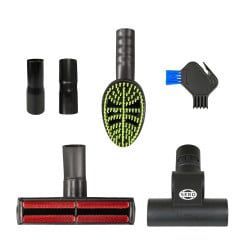 Vacuum cleaner attachments set, black with red brush, includes brush, crevice tool, and adapters.