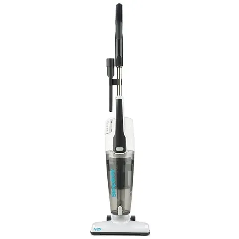 White and black stick vacuum cleaner, upright, with translucent dustbin.