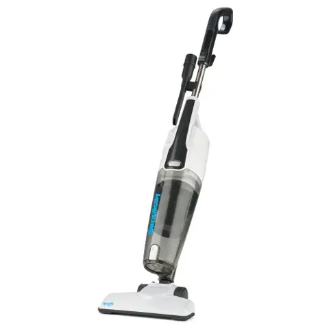 White and black stick vacuum cleaner, upright, with translucent dustbin.