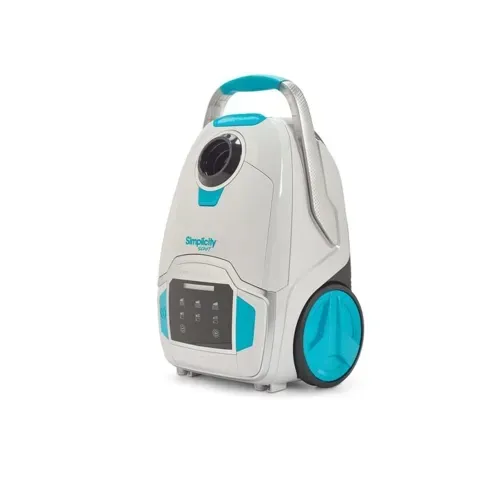 White and blue canister vacuum cleaner with hose, wand, and floor brush.