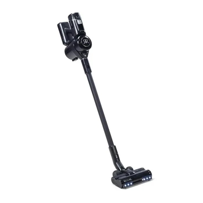 Black cordless stick vacuum cleaner against a white background.