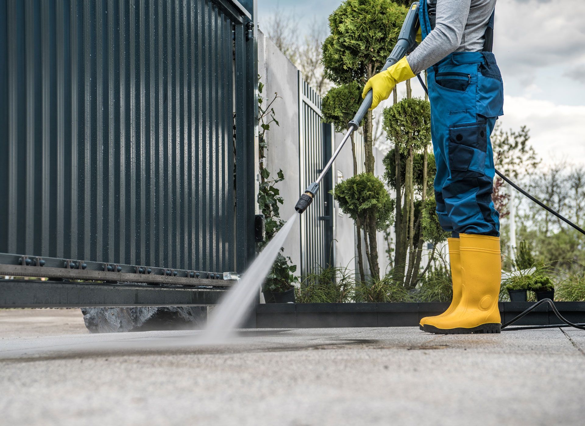 Person in yellow boots and gloves pressure washes a gray concrete surface near a metal gate.