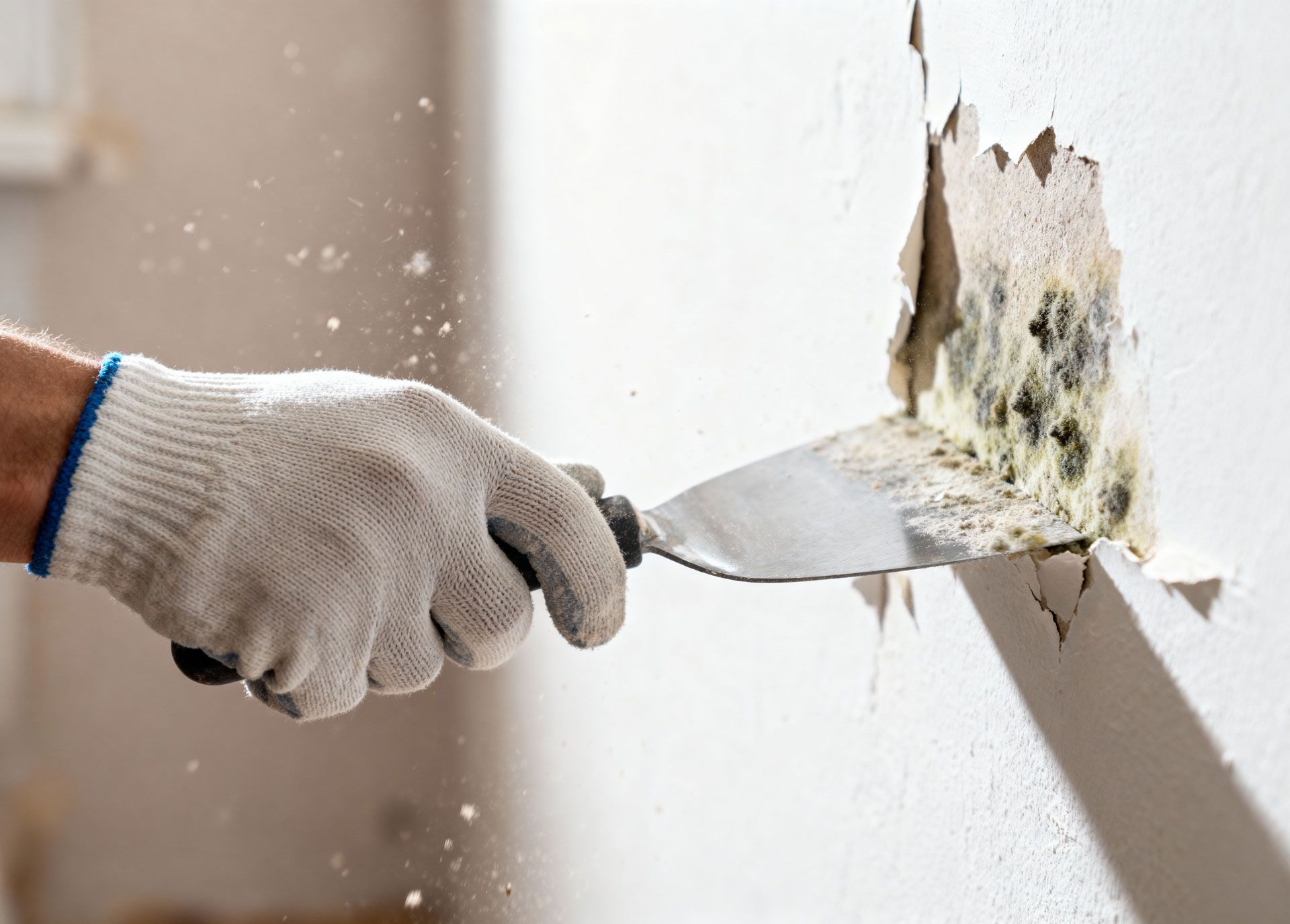 Hand wearing glove scrapes mold off a wall with a putty knife.