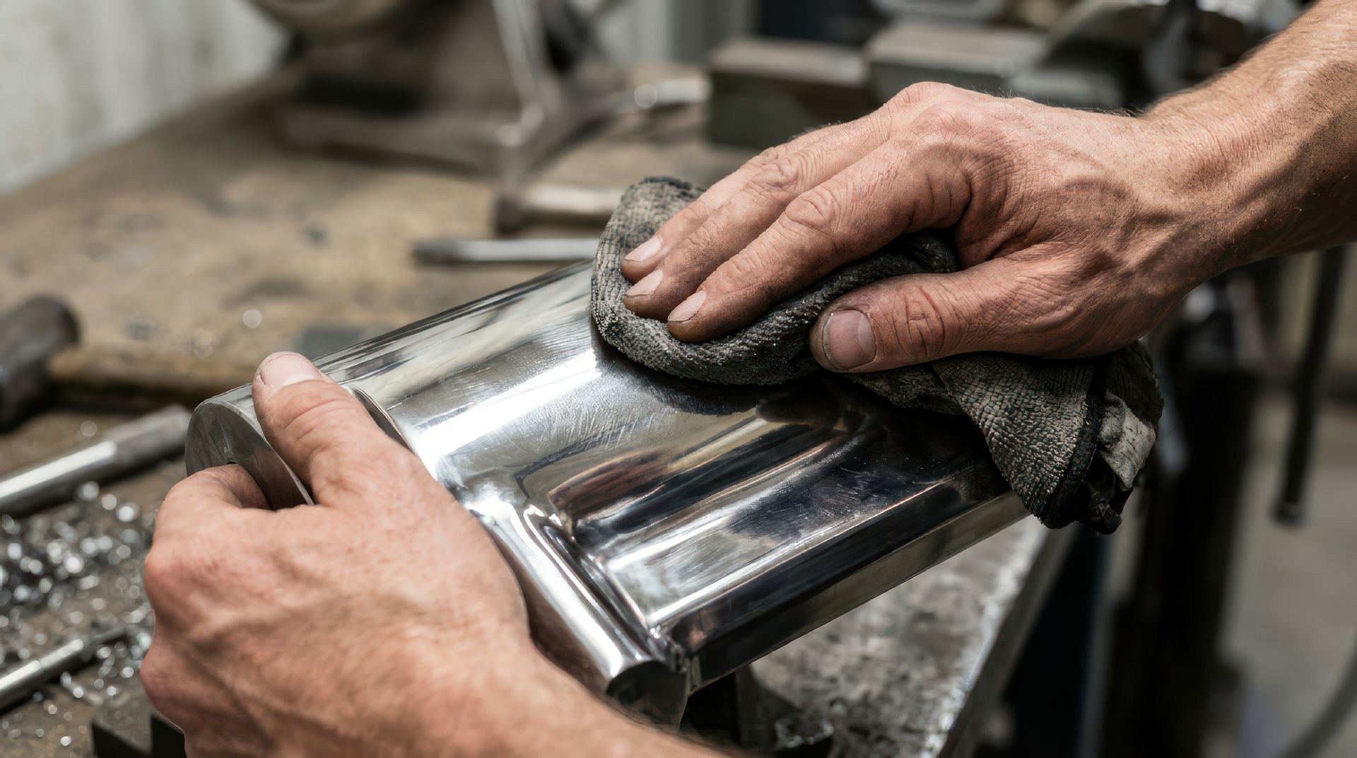 Hands polishing shiny metal object with cloth in workshop.