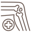 Eine einfache Strichzeichnung eines menschlichen Kniegelenks mit einem medizinischen Kreuzsymbol in einem Kreis darunter.