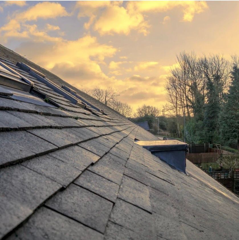 Sloped shingled roof at sunset with trees and glowing clouds in the background