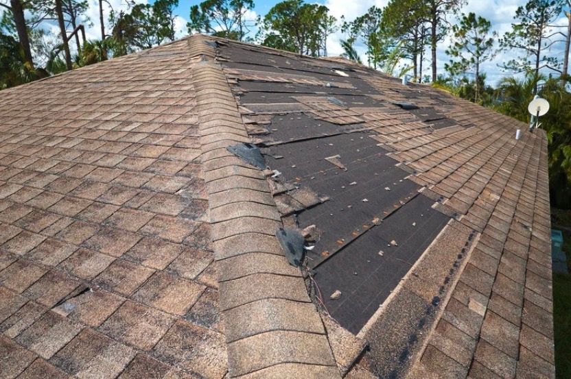 Damaged shingle roof with torn black underlayment exposed along the ridge line