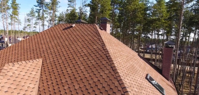 Red-tiled roof with chimney in a wooded residential area
