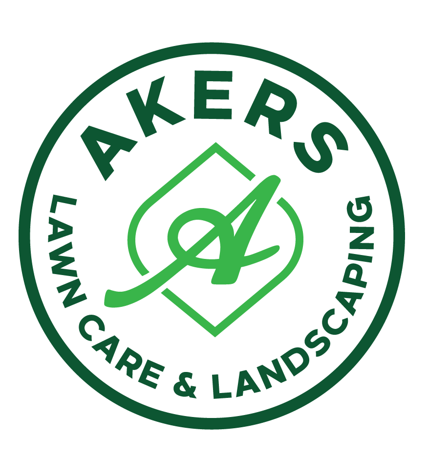 Akers Lawn Care & Landscaping green circular logo with leaf and stylized A in the center