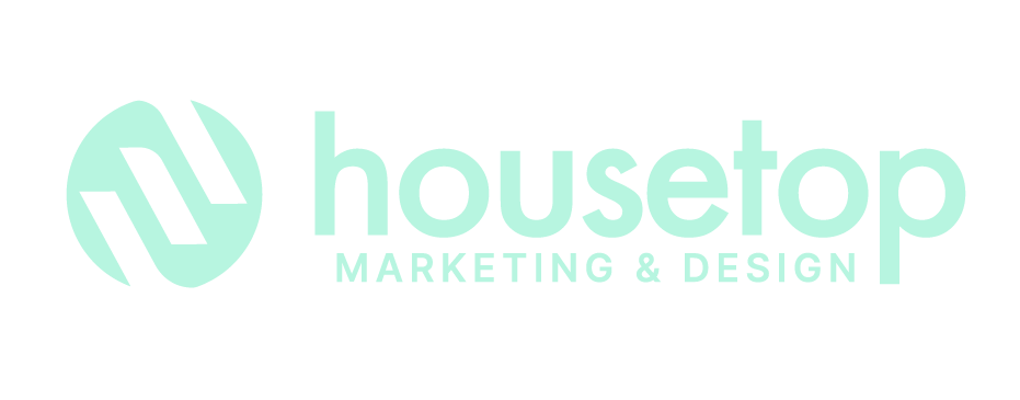 Logo for Housetop Marketing & Design: green circle with letter shapes, text