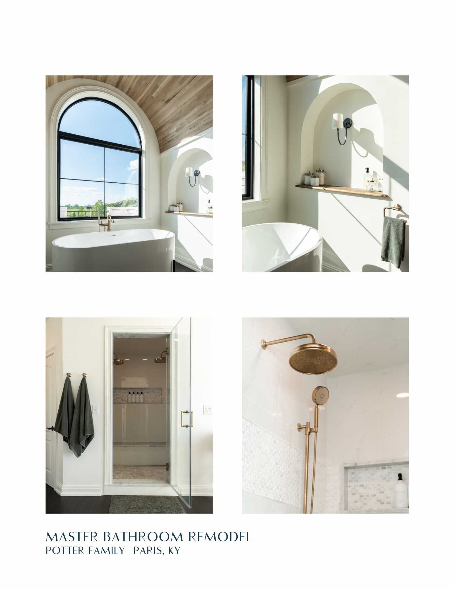 Collage of a bright white master bathroom remodel with arched window, shower, doorway, and brass fixtures