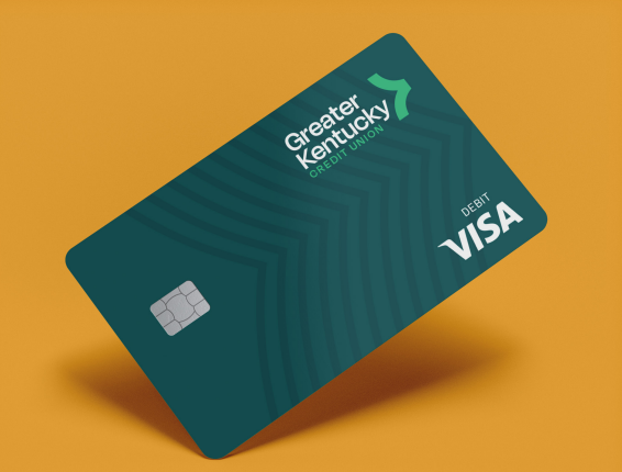 Teal Greater Kentucky VISA debit card on a gold background