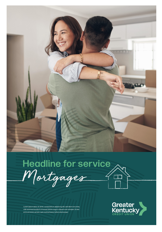Couple hugging in a bright home with boxes; mortgage service ad from Greater Kentucky Credit Union