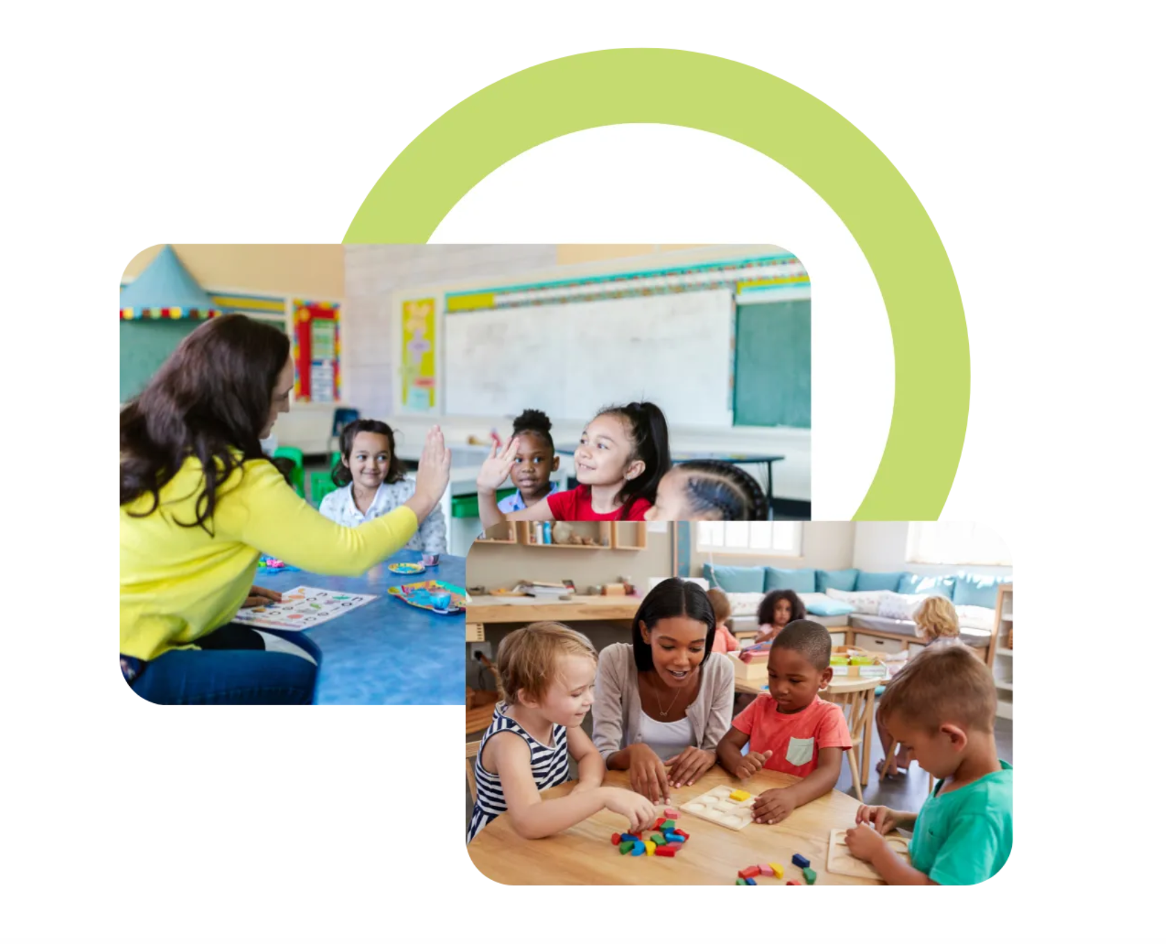Children playing and learning at a classroom table with blocks, with a teacher nearby and colorful classroom decor.
