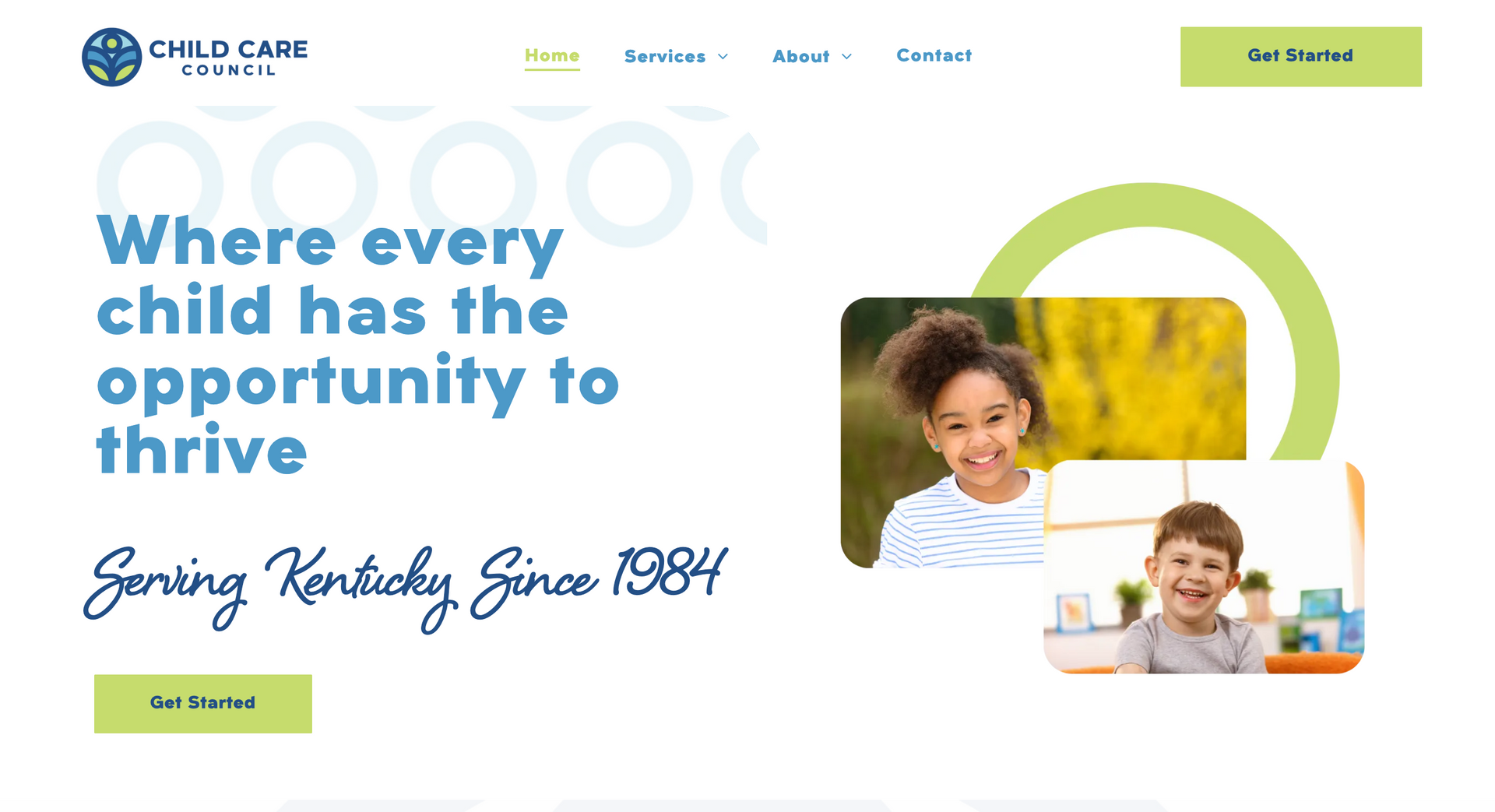 Child Care website homepage with smiling child photos and the message “Where every child has the opportunity to thrive”