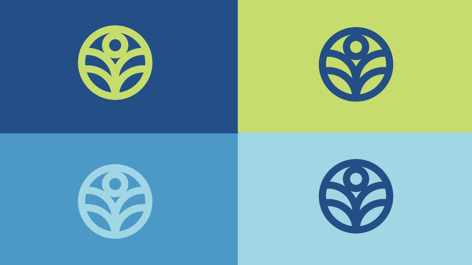 Four-color grid with a circular leaf-like logo in each quadrant, each in contrasting blue and green tones