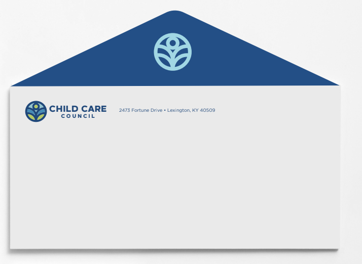 Blue-and-white Child Care Council letterhead envelope with logo and address