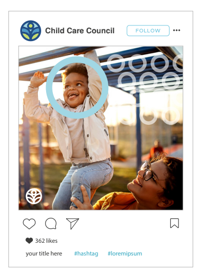 Child Care Council social media post showing a smiling child being lifted in a playground-like setting