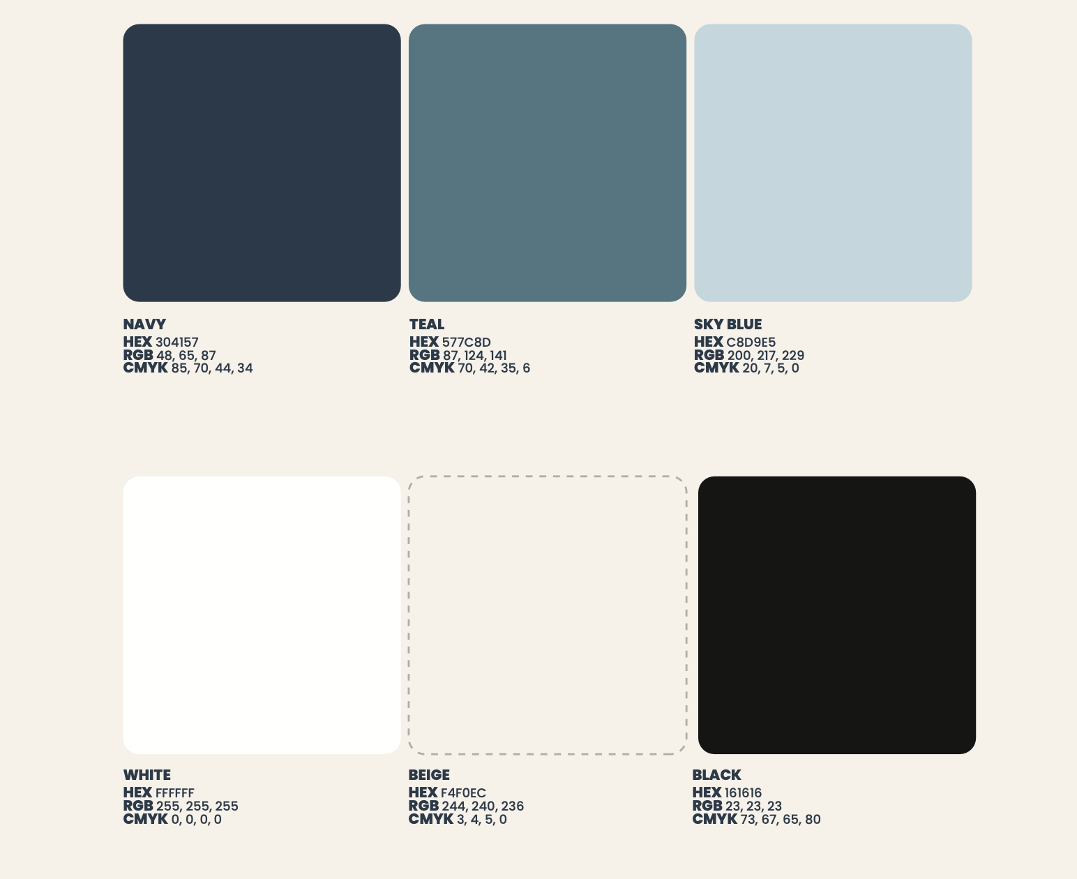 Six-color neutral palette swatches: navy, teal, light blue, white, cream, and black.