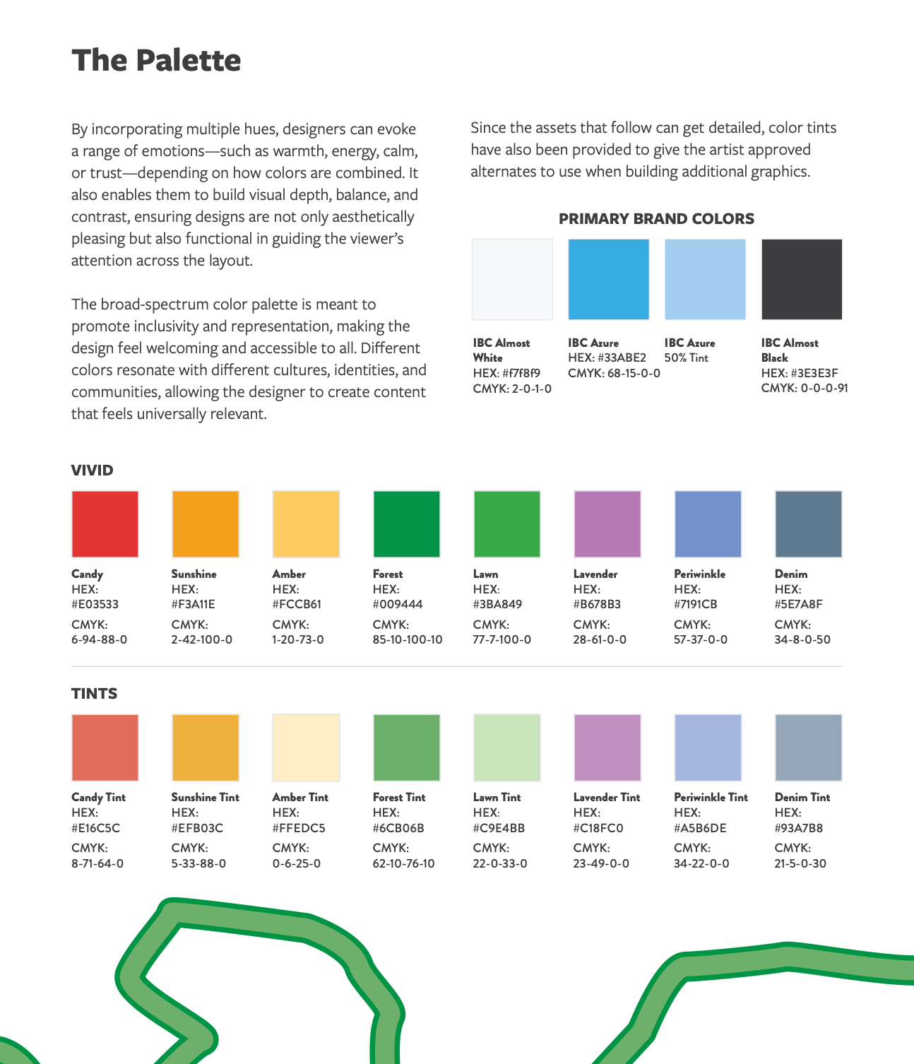 Palette guide with color swatches, blue-gray accents, and green/orange section examples.