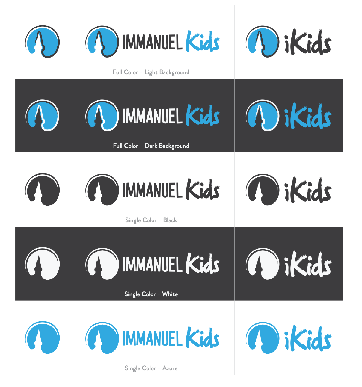 Logo variations for IMMANUEL Kids and iKids in blue, black, gray, and white on different backgrounds