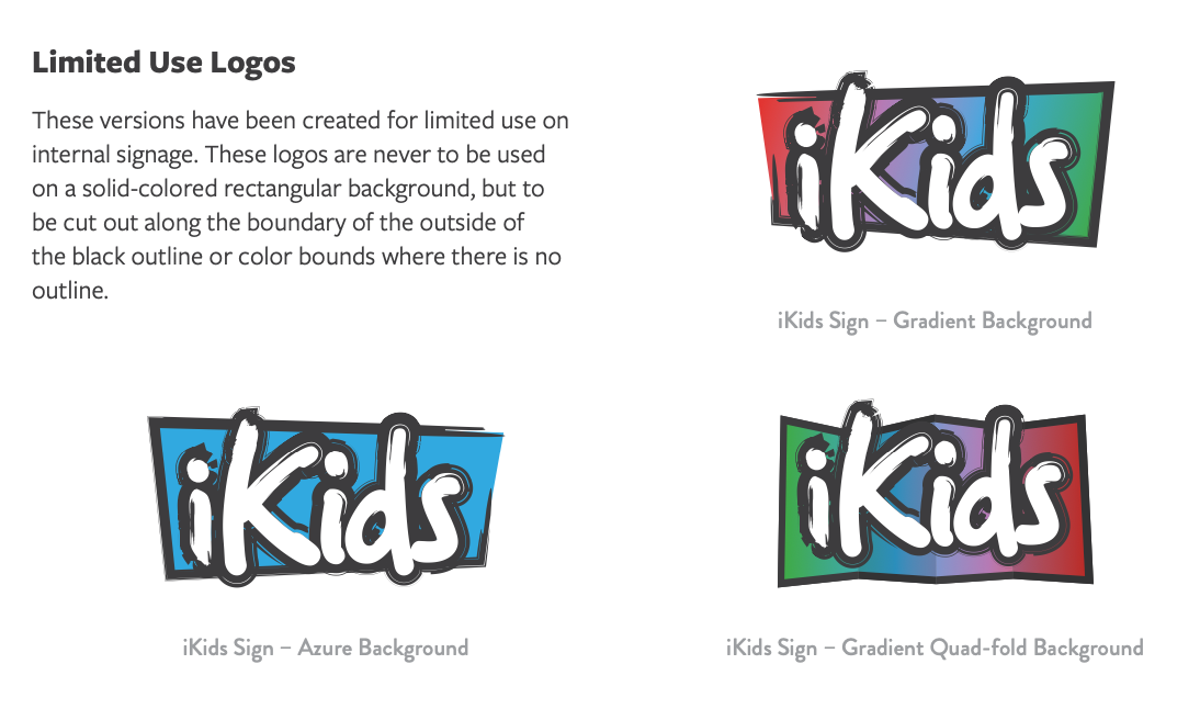 IKids logo usage examples on white background, showing blue and red logo variations