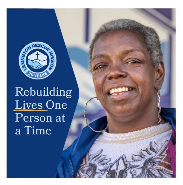 Rescue service poster with smiling person and text: “Rebuilding Lives One Person at a Time”