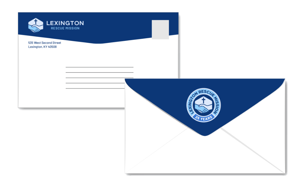 Blue-and-white branded envelopes with a seal and letterhead, shown front and back.