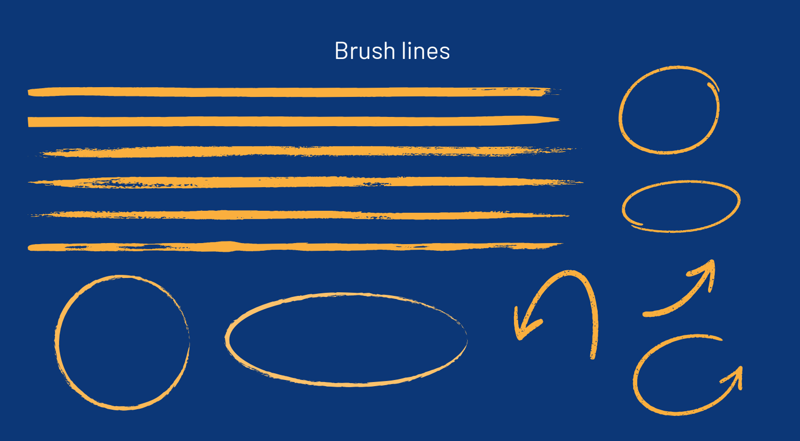 Blue background with orange brush-line examples: horizontal, circle, oval, and curved arrow strokes.