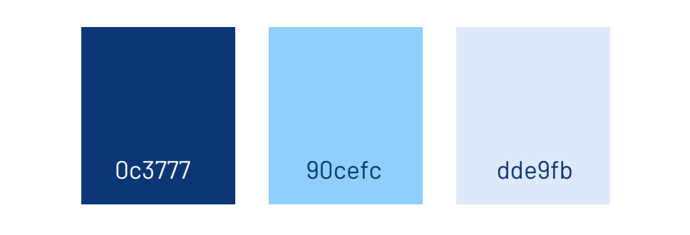 Three blue color swatches labeled 0c3c77, 90cefc, and dde9fb.