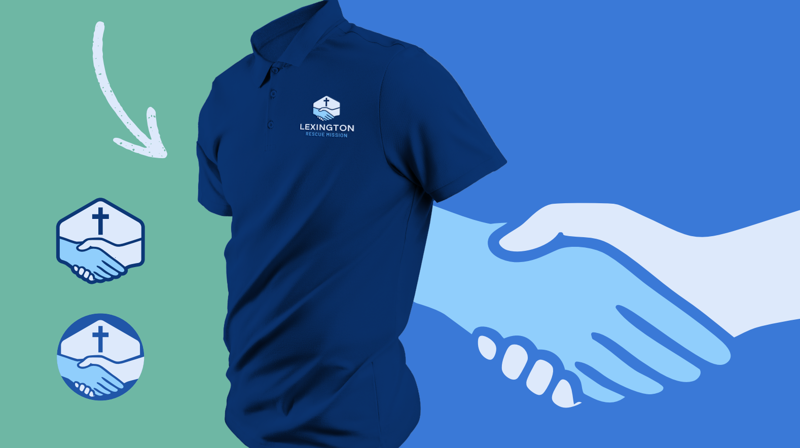 Blue polo shirt on teal background with handshake graphic and upward arrow icons.