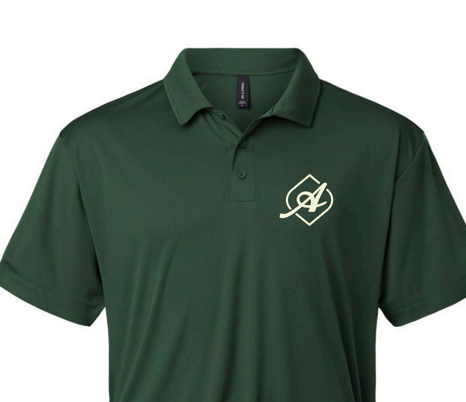 Dark green polo shirt with a small white logo on the left chest