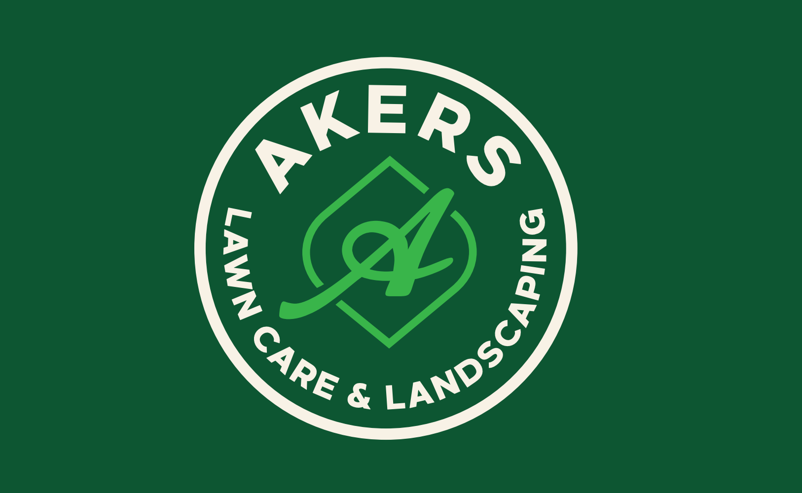 Akers Lawn Care & Landscaping logo in white and green on a dark green background