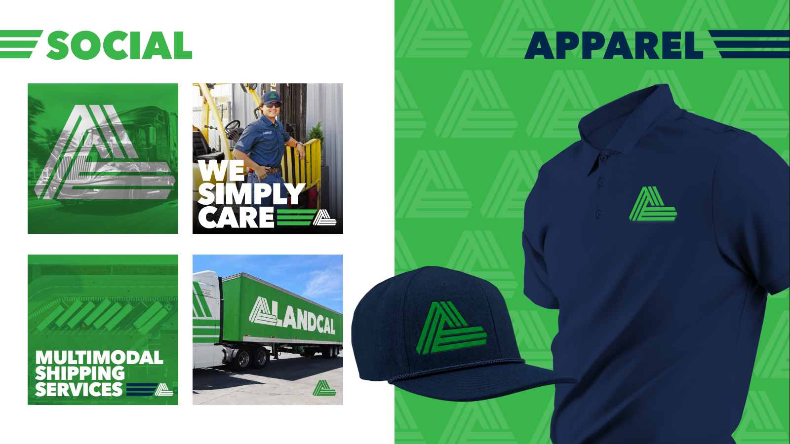 Green social media apparel mockup: hoodie and cap with logo, plus matching promotional graphic tiles.