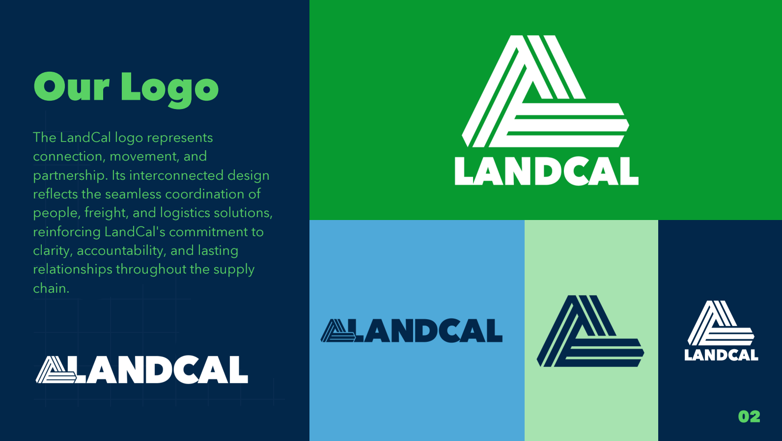 Landcal logo variations on navy, green, blue, and mint backgrounds with text samples