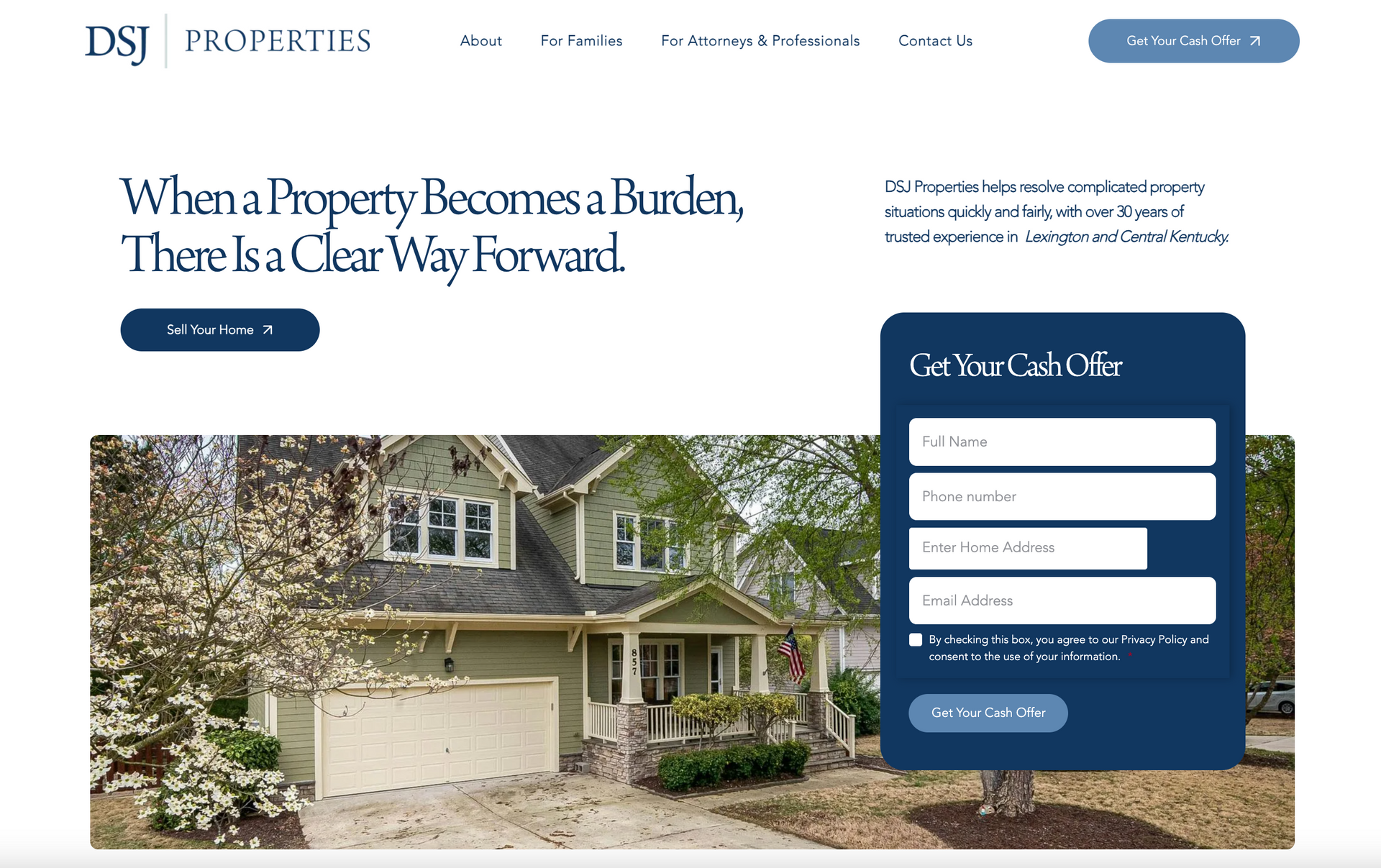 DSJ Properties homepage with house photo and blue “Get a Cash Offer” form