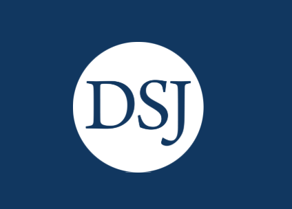 White circle with “DSJ” on a dark blue background