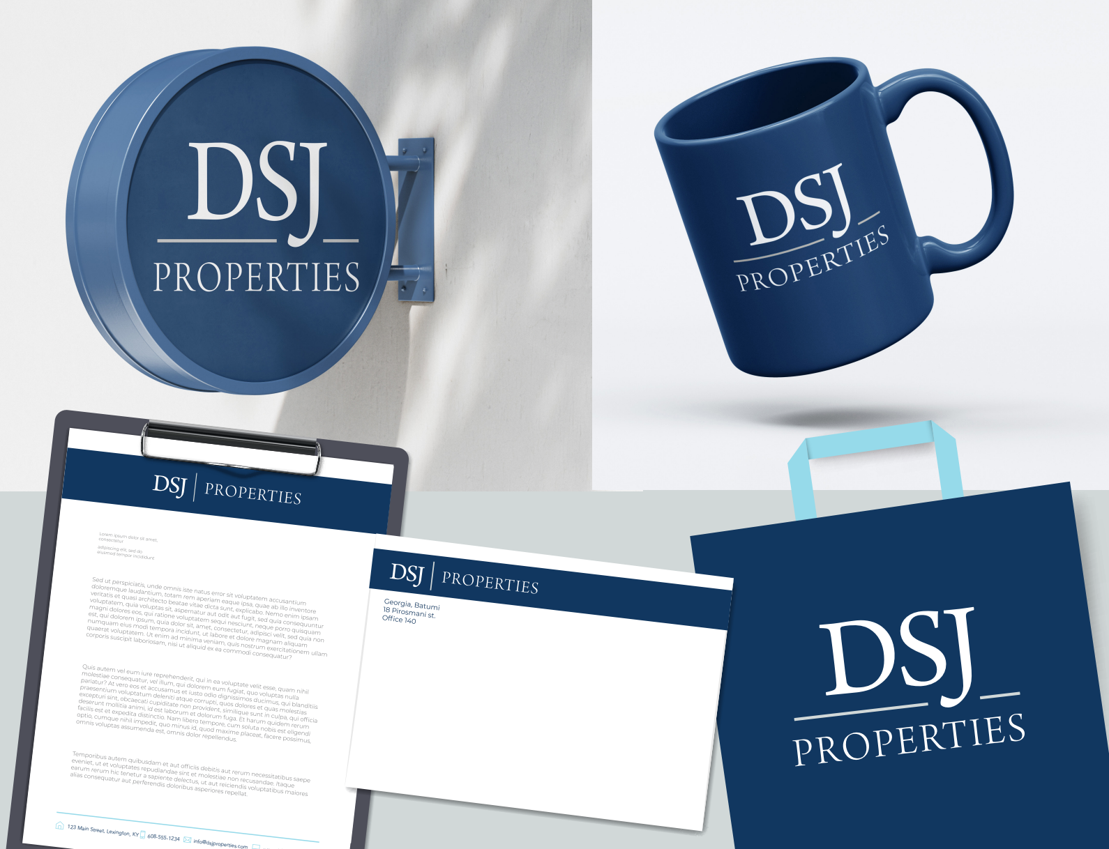 DSJ Properties blue-branded stationery set with logo, mug, tote bag, and brochure.
