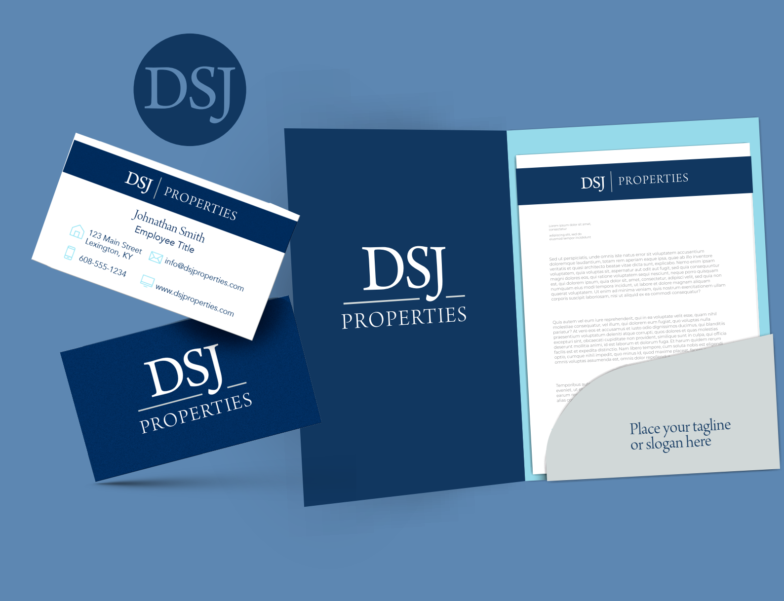 DSJ Properties branded stationery set in navy blue and white, including cards, folder, and brochure.