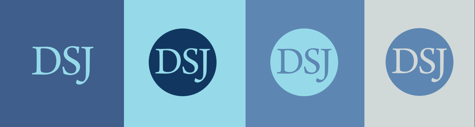 Four DSJ logo variants in dark blue, navy, light blue, and gray square backgrounds.