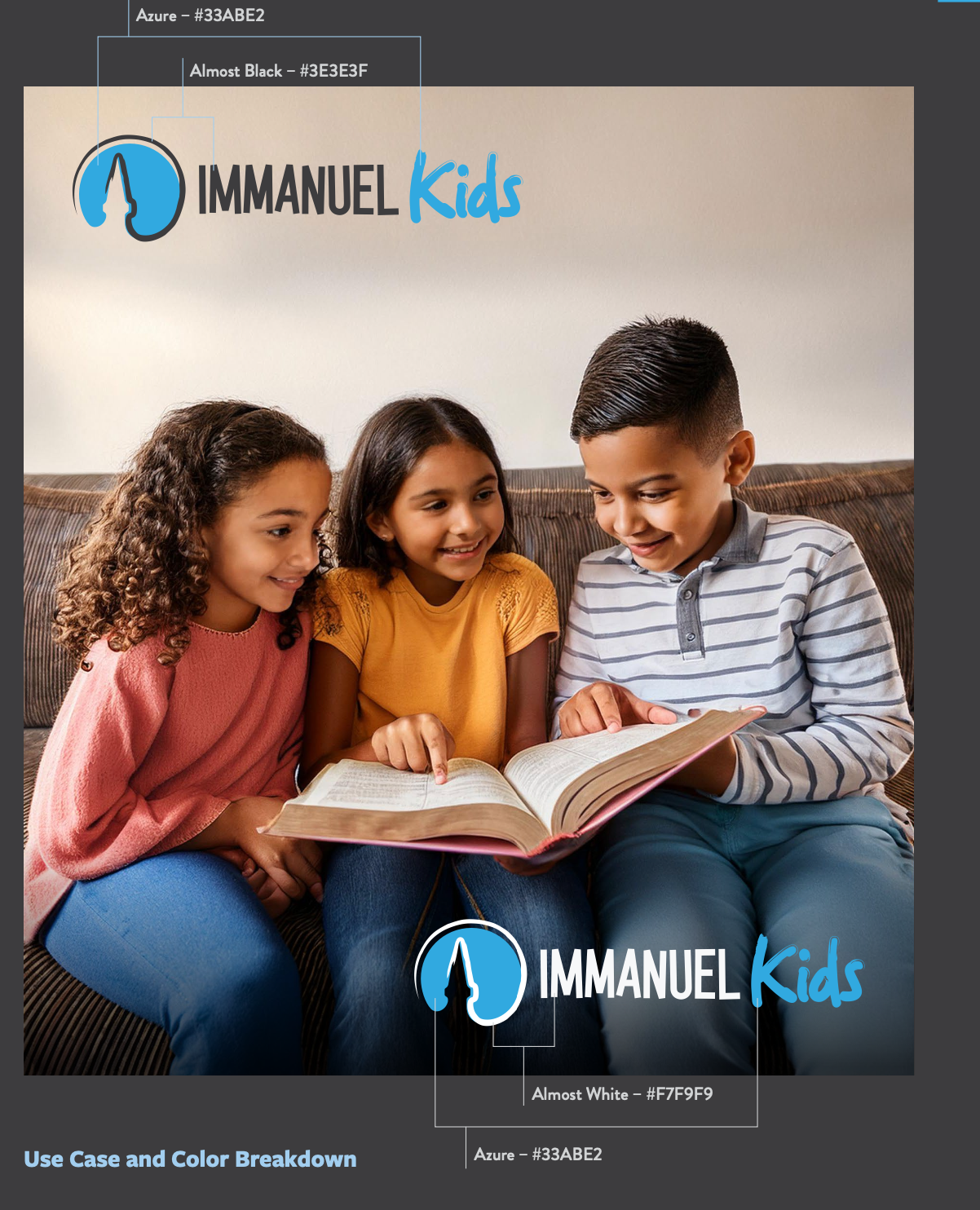Children reading a book on a couch, with Immanuel Kids logo and text overlay