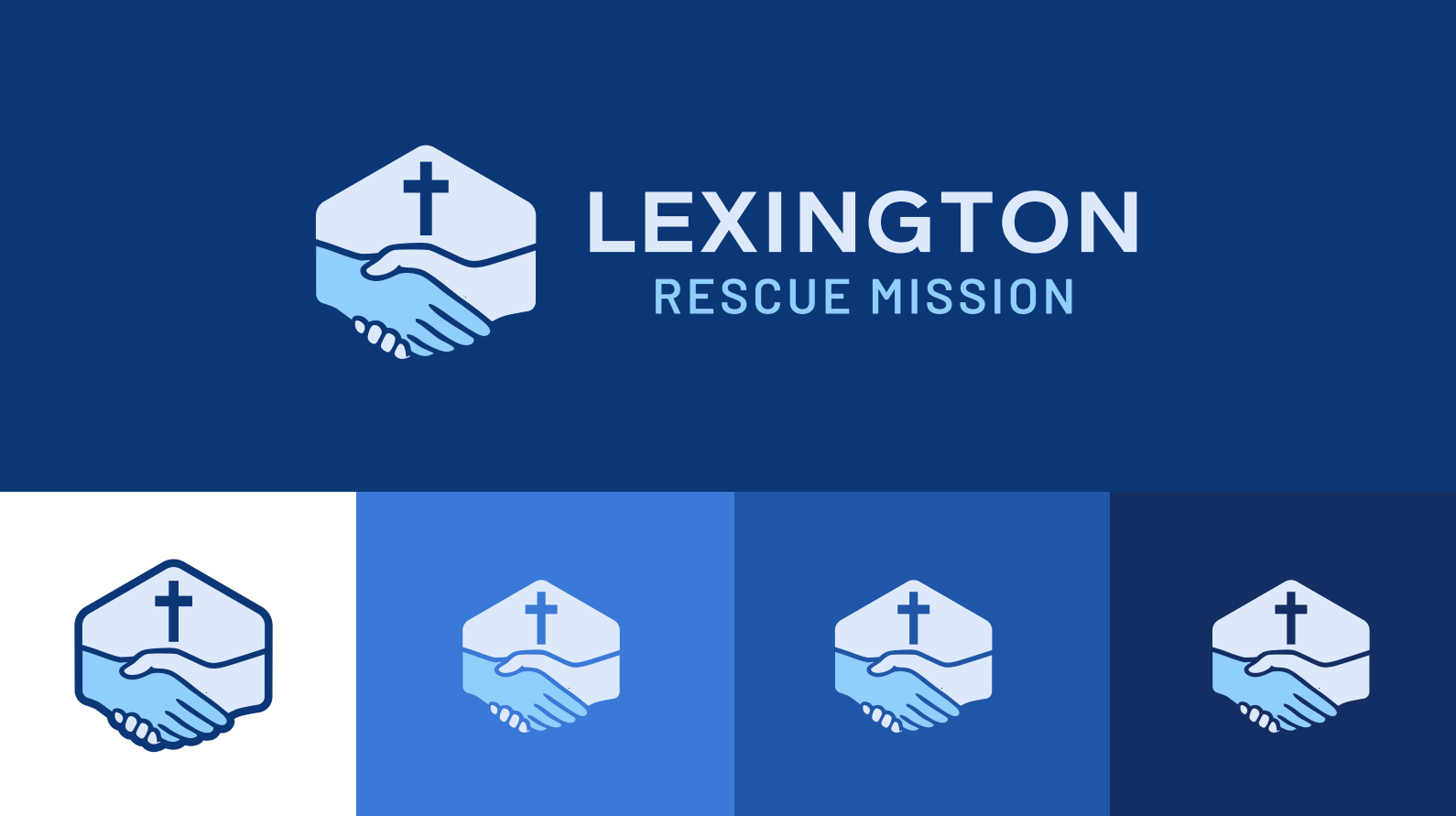 Lexington Rescue Mission logo with blue handshake and cross icon on blue and white background